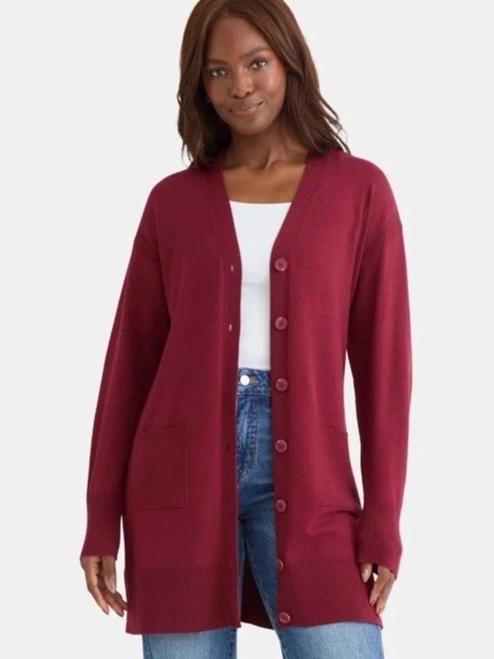 Time And Tru Long Button Front Wine Punch Cardigan Pockets Size Large (12-14)